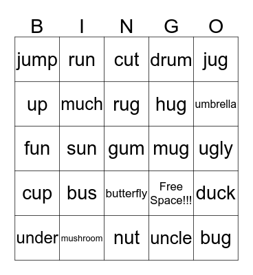 Short vowel u Bingo Card