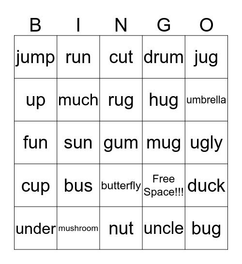 Short vowel u Bingo Card