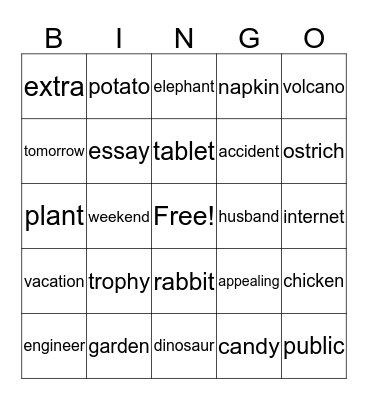 Syllable Bingo Card