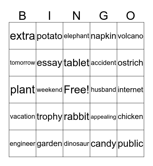 Syllable Bingo Card