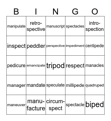 Greek and Latin Roots Bingo Card