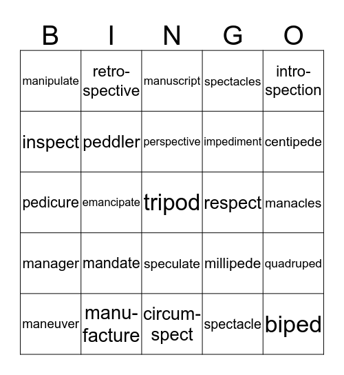 Greek and Latin Roots Bingo Card