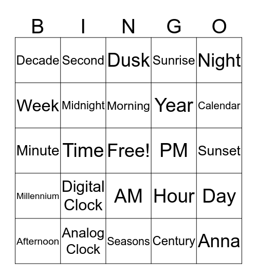 Time Bingo Card