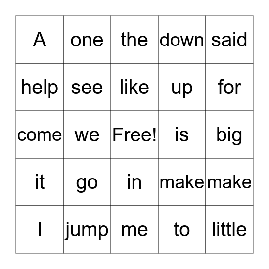 Heart Words Bingo Card