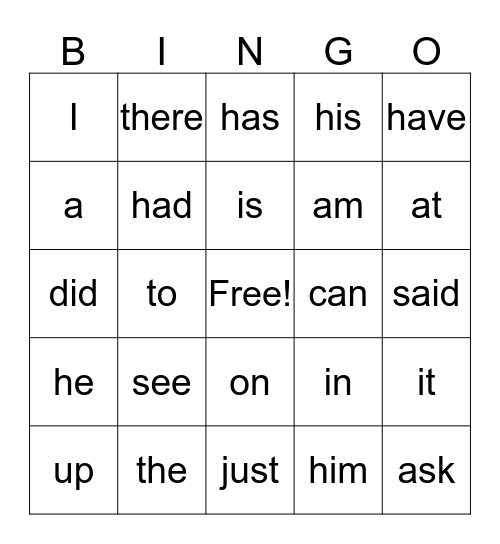 Unit 1 Sight Words Bingo Card