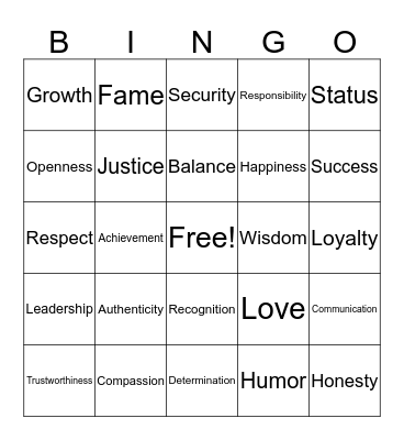 Values Bingo Card