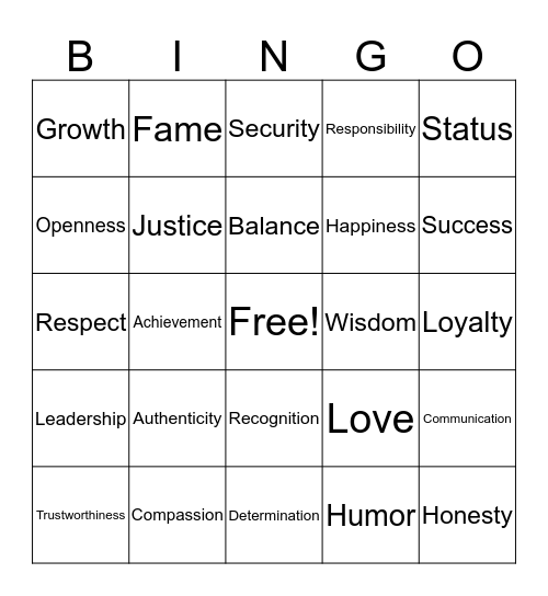 Values Bingo Card