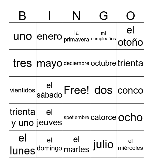 Calendar Item Vocabulary Bingo Card