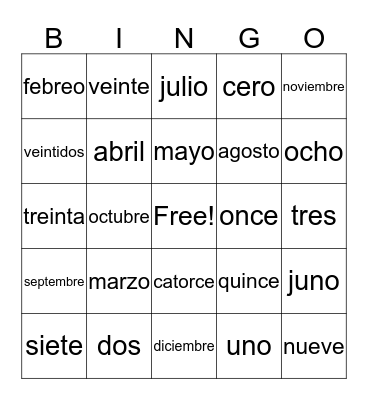 Calendar item vocabulary  Bingo Card