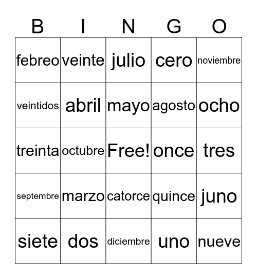 Calendar item vocabulary  Bingo Card
