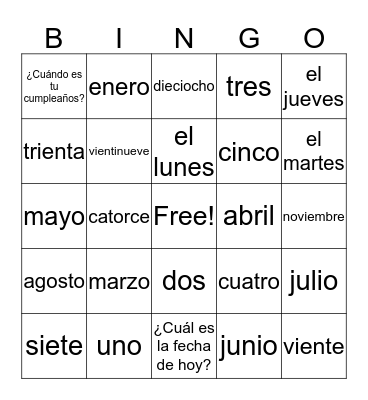 Calender Item Vocabulary Bingo Card
