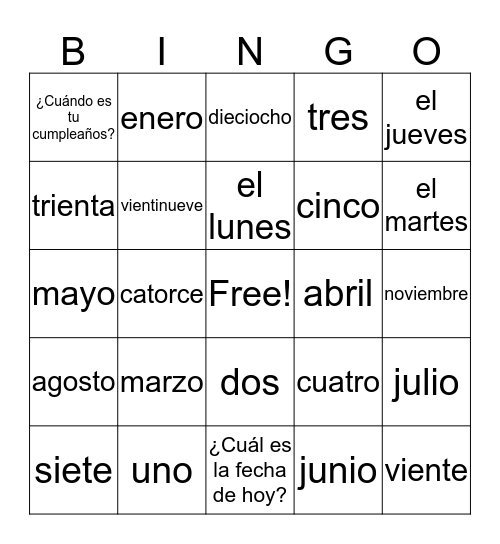 Calender Item Vocabulary Bingo Card