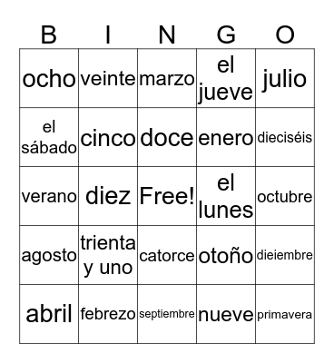 Calendar Item Vocabulary Bingo Card