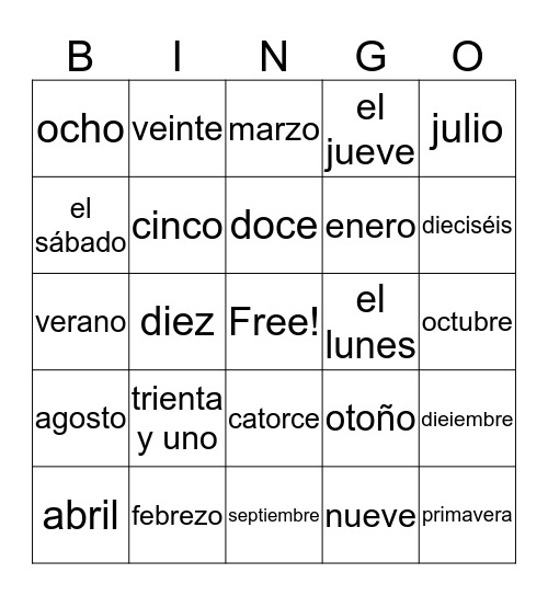 Calendar Item Vocabulary Bingo Card