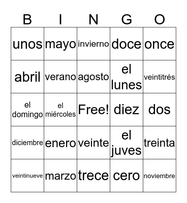 Calendar Item Vocabulary Bingo Card