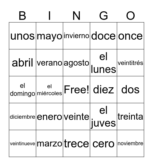 Calendar Item Vocabulary Bingo Card