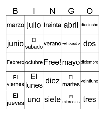 Calendar Item Vocabulary Bingo Card