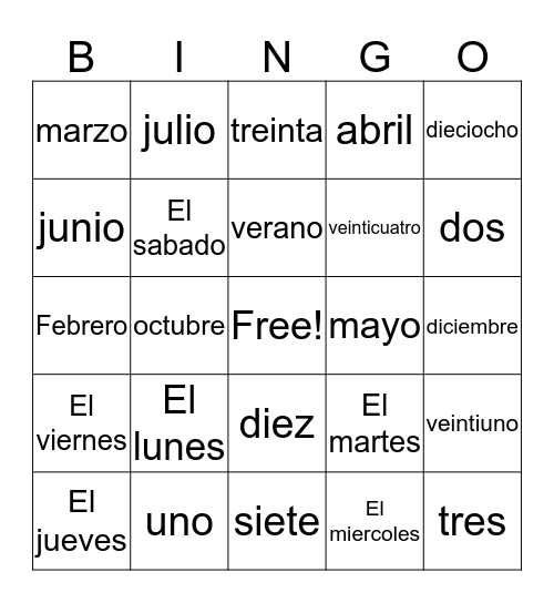 Calendar Item Vocabulary Bingo Card