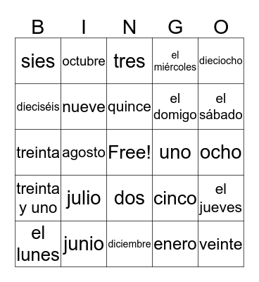 Calendar Item  Bingo Card