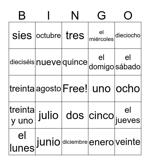 Calendar Item Bingo Card