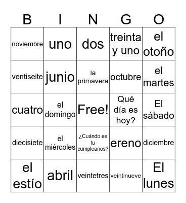 Calendar Item Vocabulary  Bingo Card