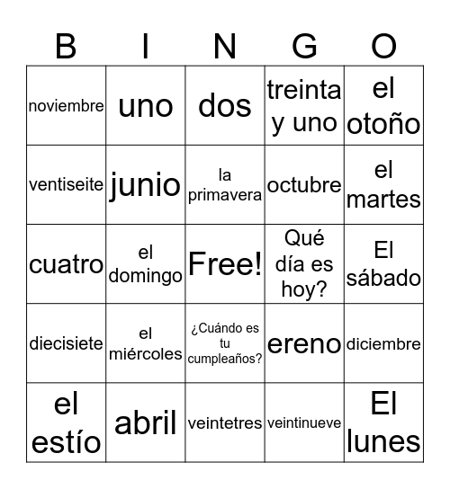 Calendar Item Vocabulary  Bingo Card
