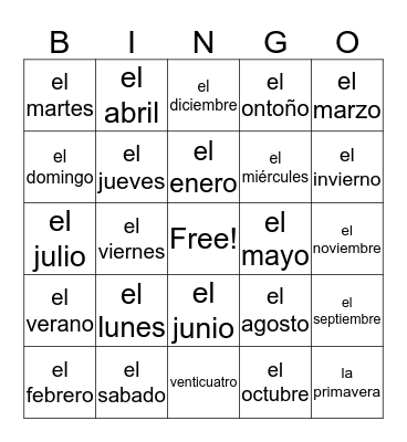Calendar Item Vocabulary Bingo Card
