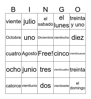Calendar Item Vocabulary Bingo Card