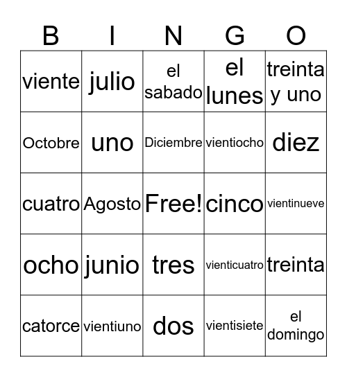 Calendar Item Vocabulary Bingo Card