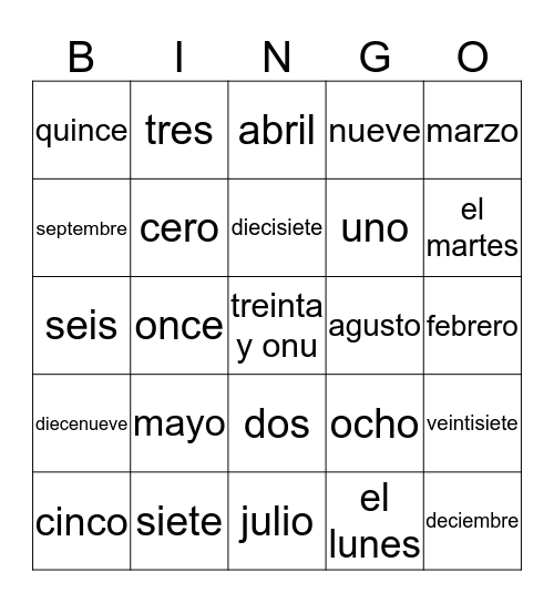 Calendar Items  Bingo Card