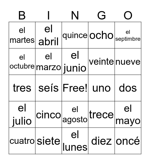 Calendar Item Vocabulary Bingo Card
