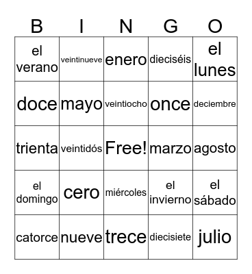 Calendar Item Vocabulary Bingo Card