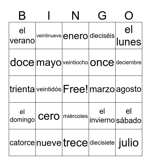 Calendar Item Vocabulary Bingo Card