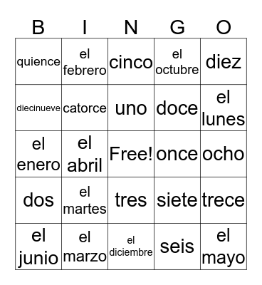 Calendar item vocabulary Bingo Card