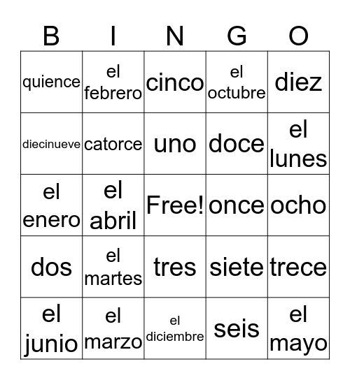 Calendar item vocabulary Bingo Card