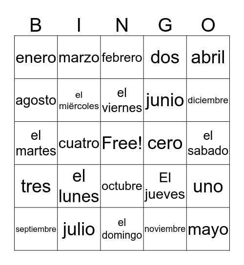 Calendar Item Vocabulary Bingo Card