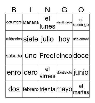 Calendar Item Vocabulary  Bingo Card