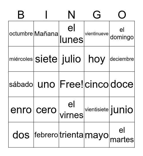 Calendar Item Vocabulary  Bingo Card