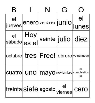 Calendar Item Vocabulary Bingo Card