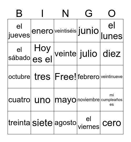Calendar Item Vocabulary Bingo Card
