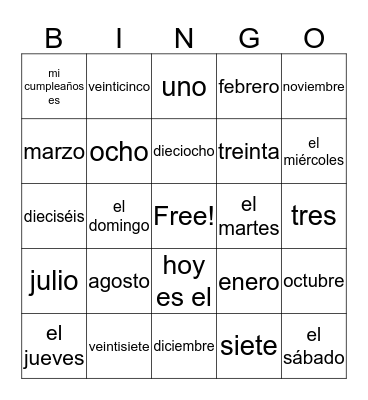 Calendar Item Vocabulary Bingo Card