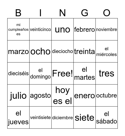 Calendar Item Vocabulary Bingo Card