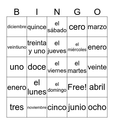 Calendar vocabulary Bingo Card