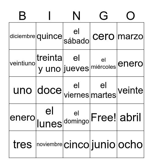 Calendar vocabulary Bingo Card