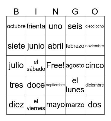Calender Item Vocabulary Bingo Card