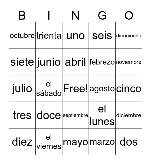 Calender Item Vocabulary Bingo Card