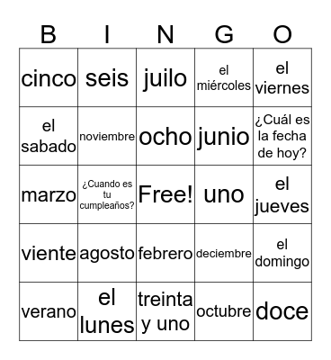 Calendar Item Vocabulary Bingo Card