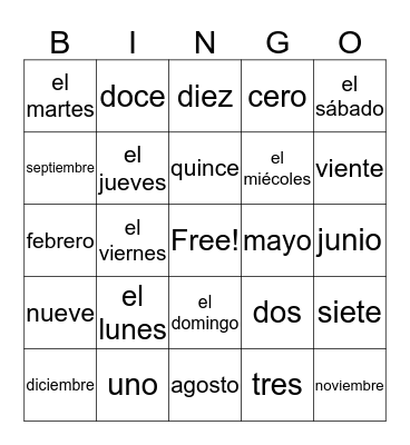 Calendar Item Vocabulary  Bingo Card