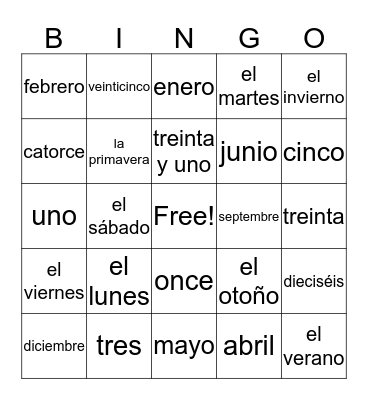 Calendar Item Vocabulary  Bingo Card