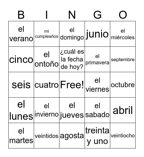 Calendar item voabulary  Bingo Card